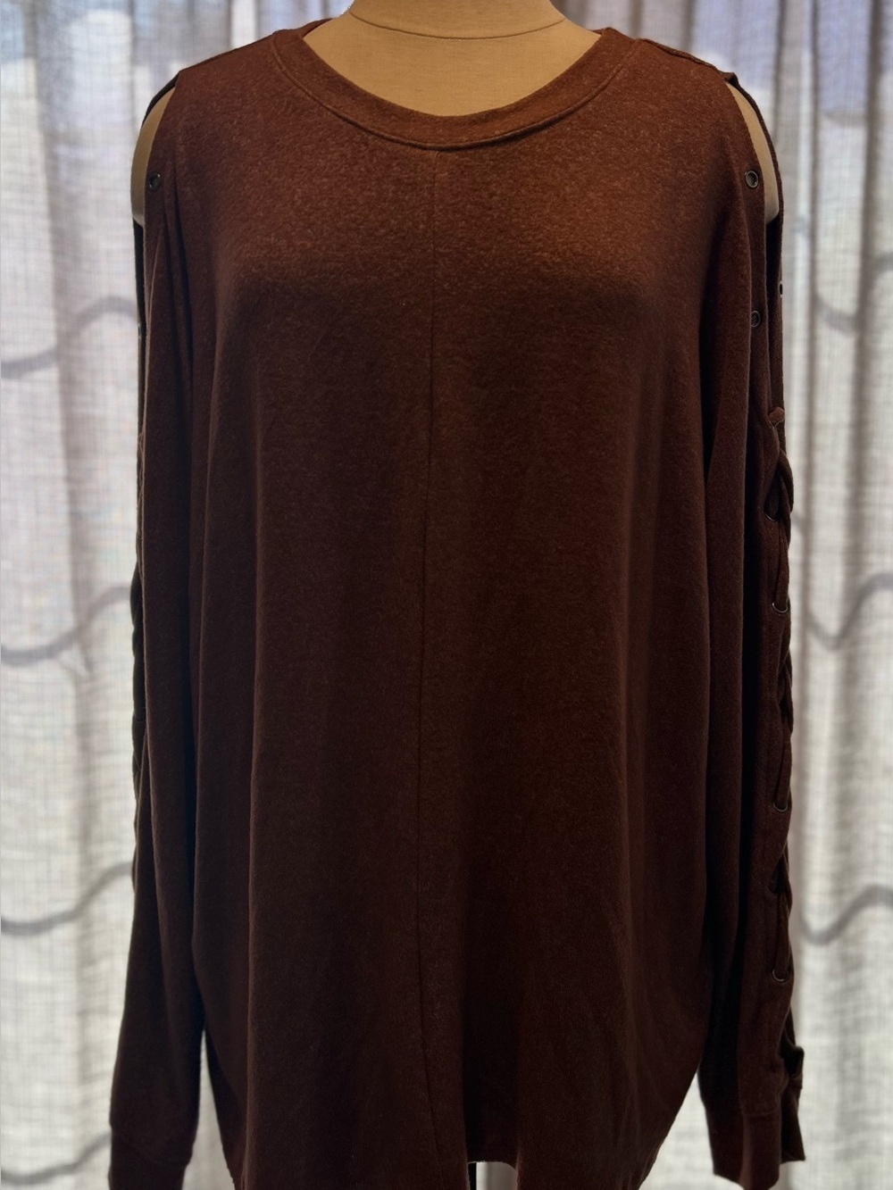 Chance or Fate Brown Cold-Shoulder Lace-Up Sleeve Sweatshirt